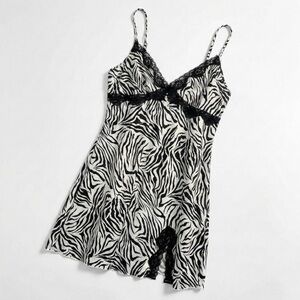 Y2k Zebra Print Lace Trim Stretchy Babydoll Midi Slip Dress M Mobwife